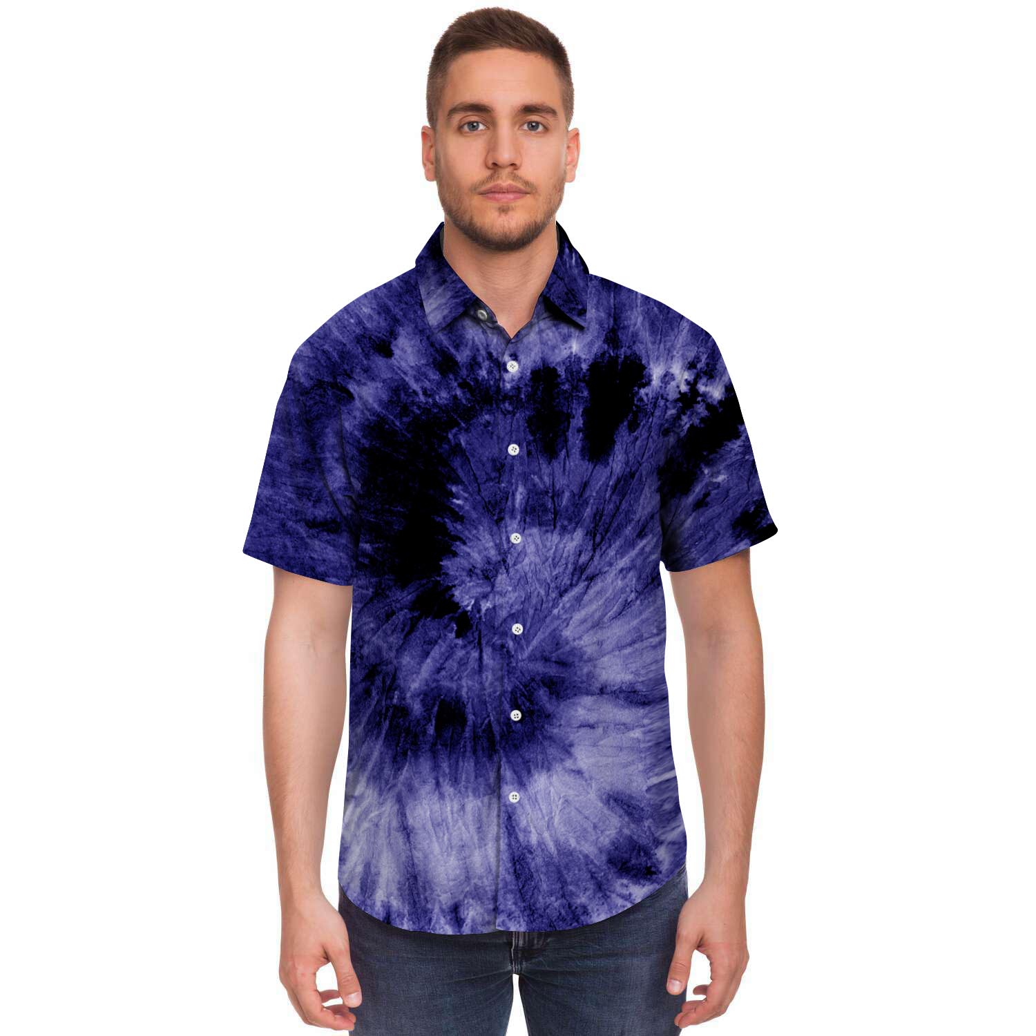 Tie Dye Blue Men Print Short Sleeve Button-Up Shirts