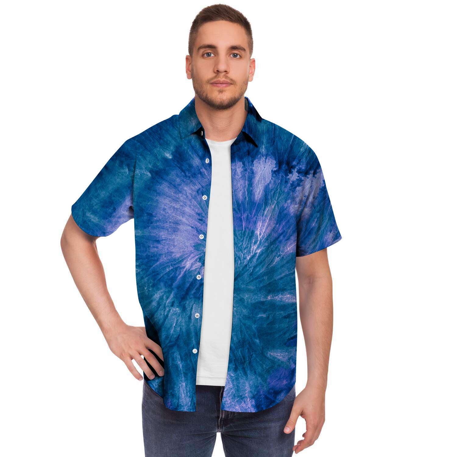 Tie Dye Blue Print Men Print Short Sleeve Button-Up Shirts