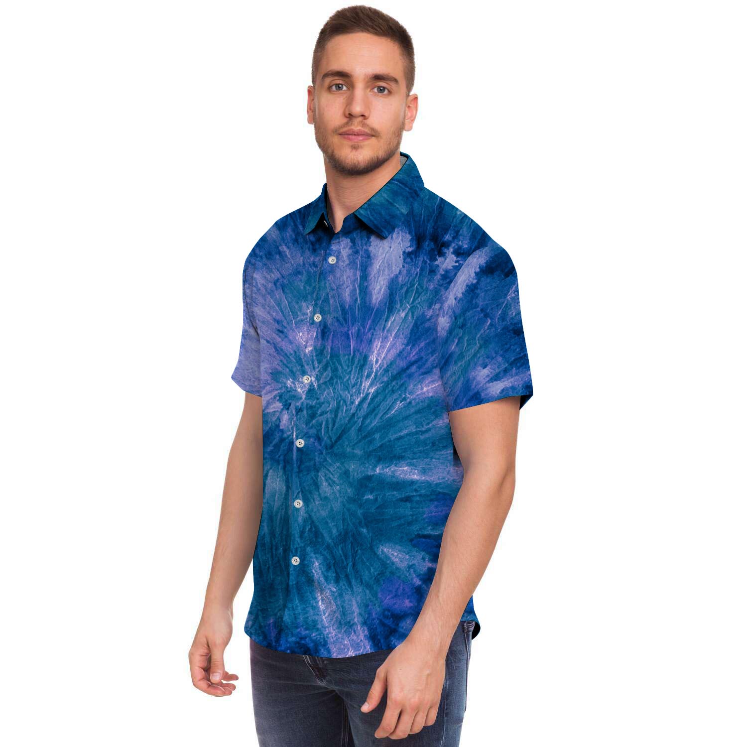 Tie Dye Blue Print Men Print Short Sleeve Button-Up Shirts