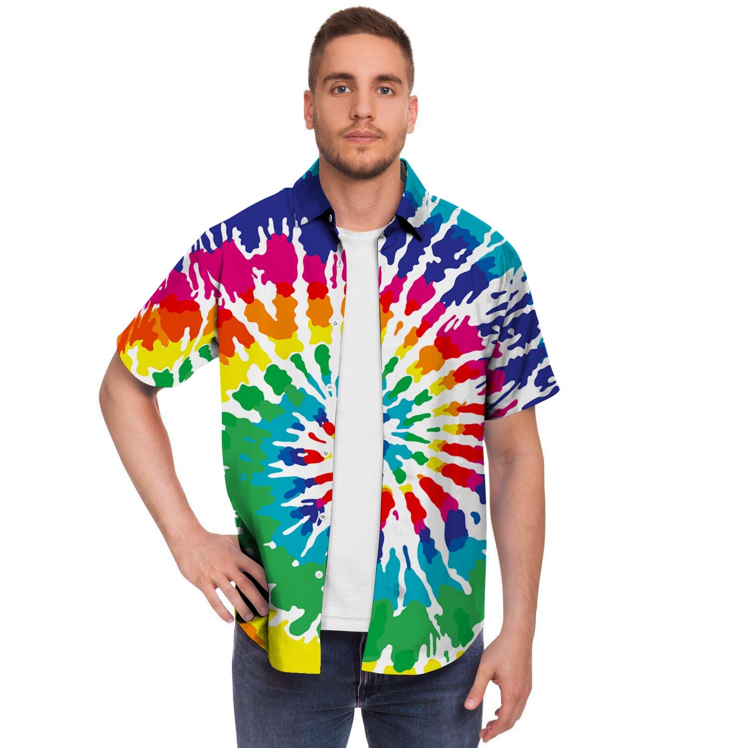 Tie Dye Men Print Short Sleeve Button-Up Shirts