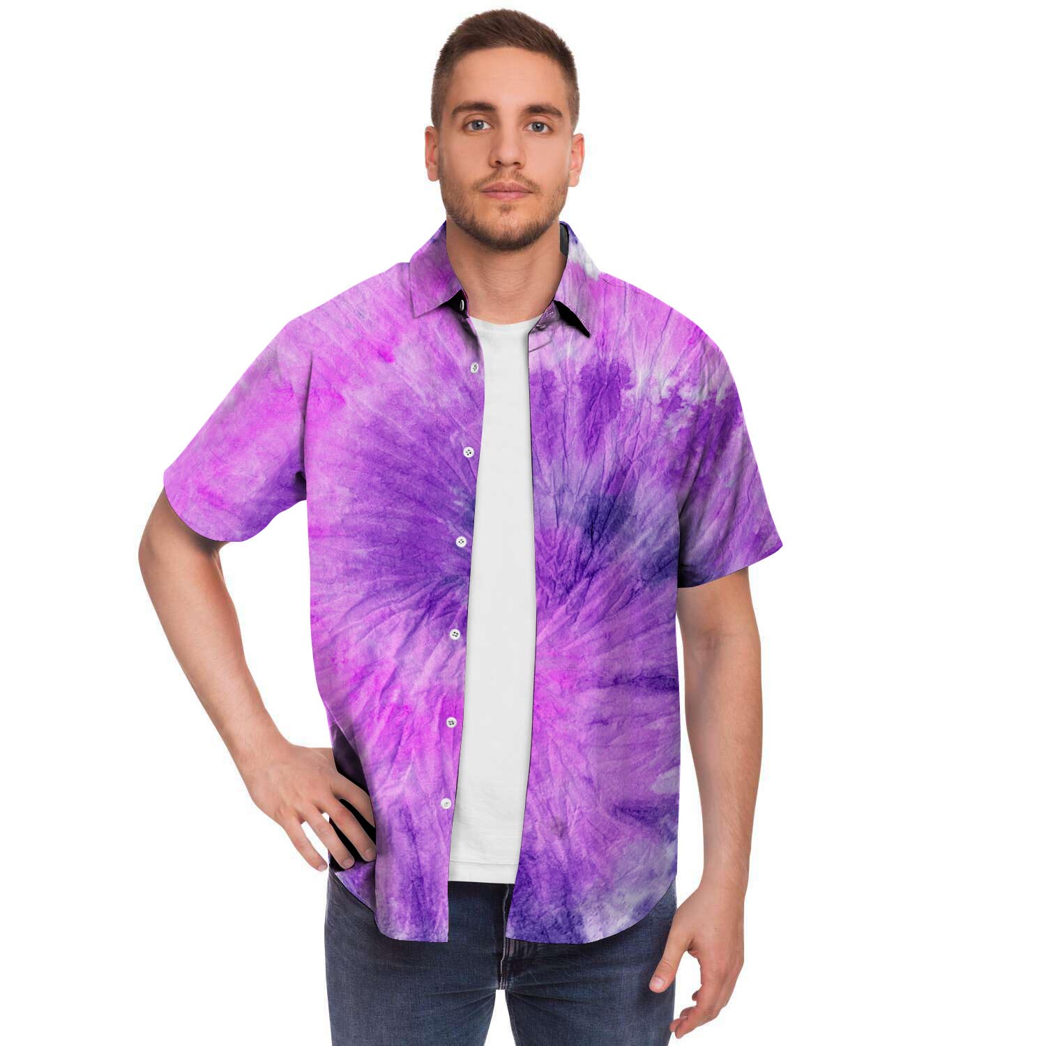 Tie Dye Purple Men Print Short Sleeve Button-Up Shirts