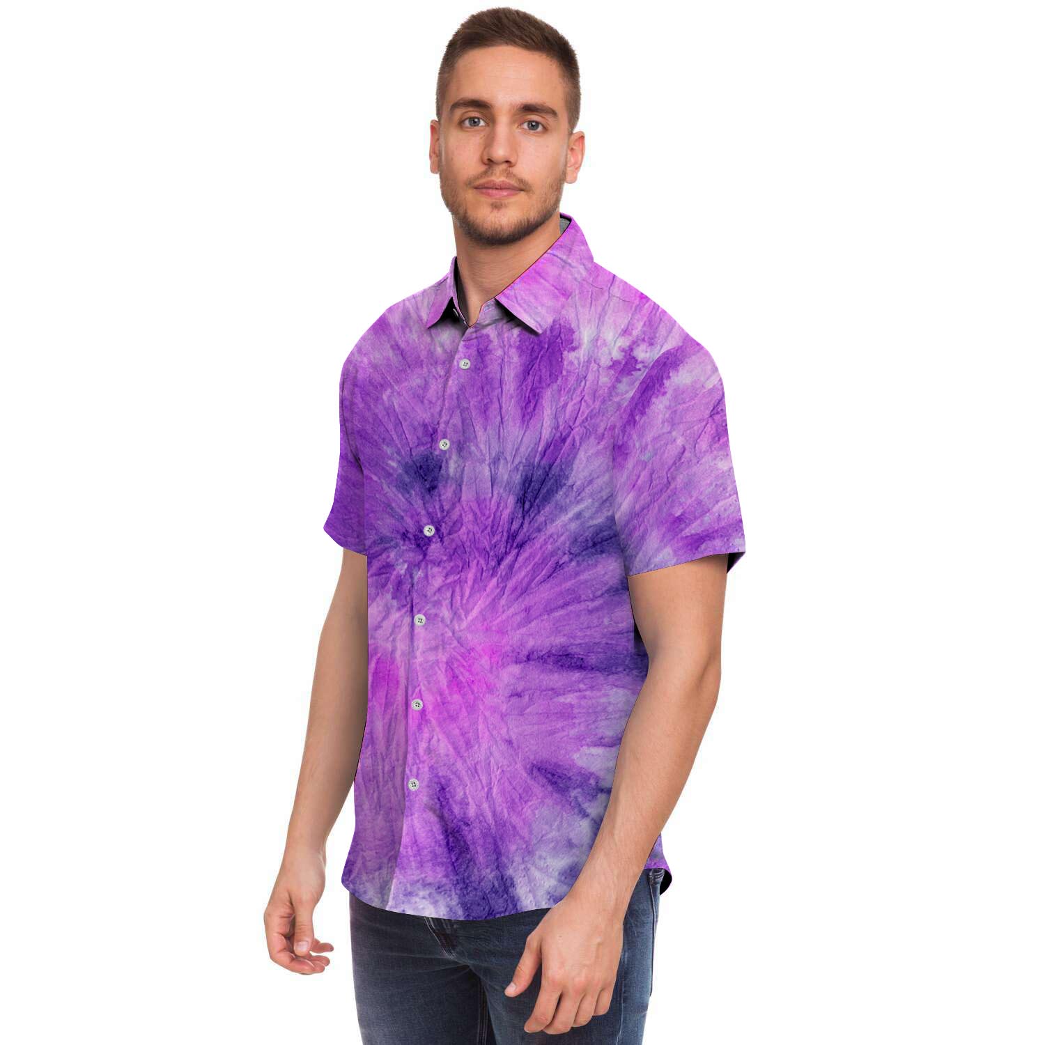 Tie Dye Purple Men Print Short Sleeve Button-Up Shirts