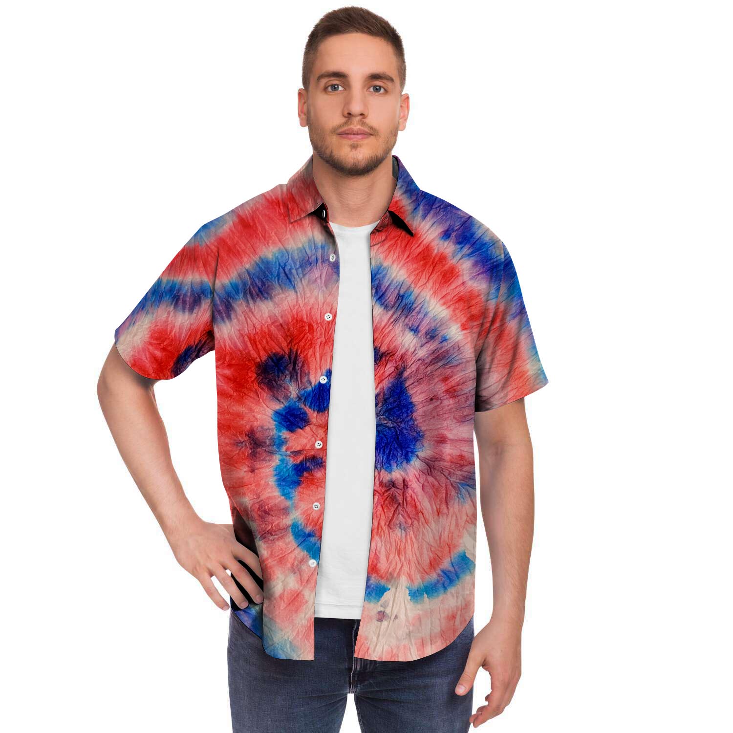 Tie Dye Swirl Batik Men Print Short Sleeve Button-Up Shirts