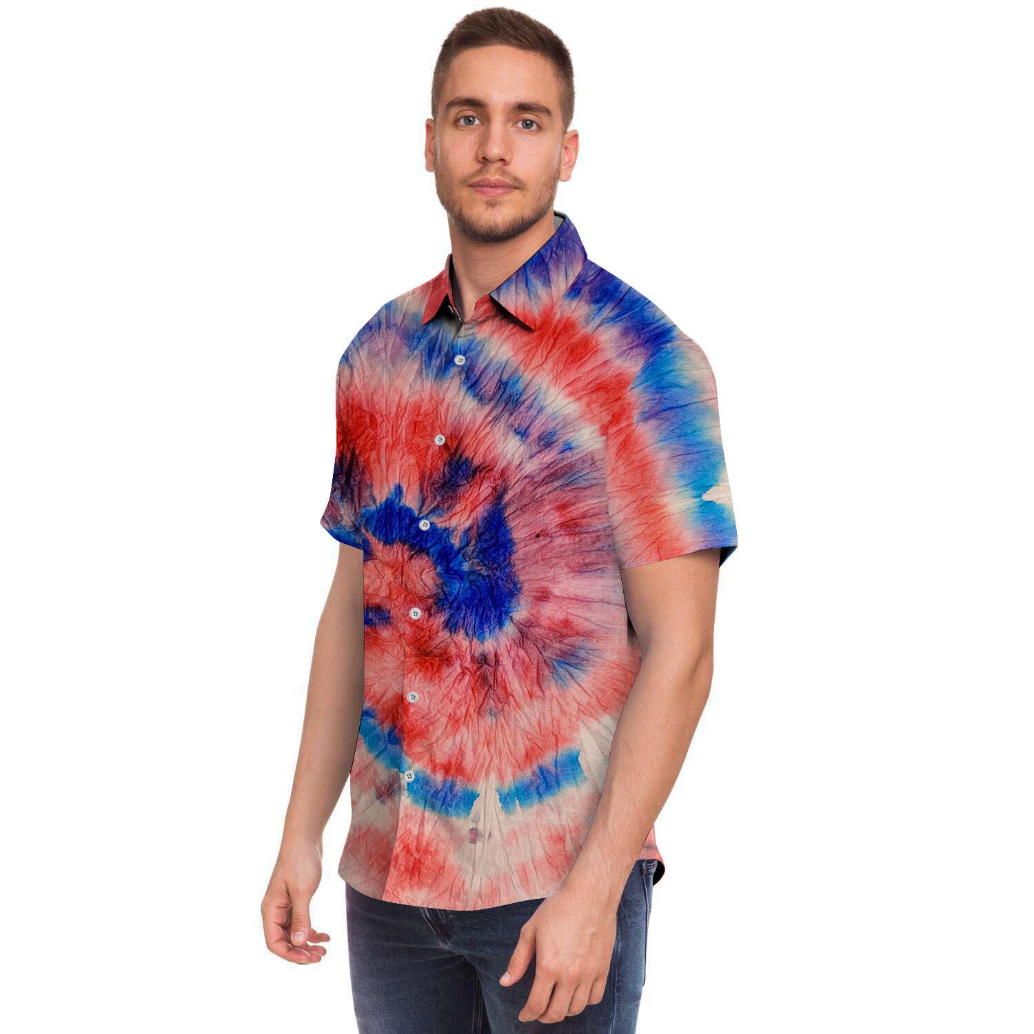Tie Dye Swirl Batik Men Print Short Sleeve Button-Up Shirts
