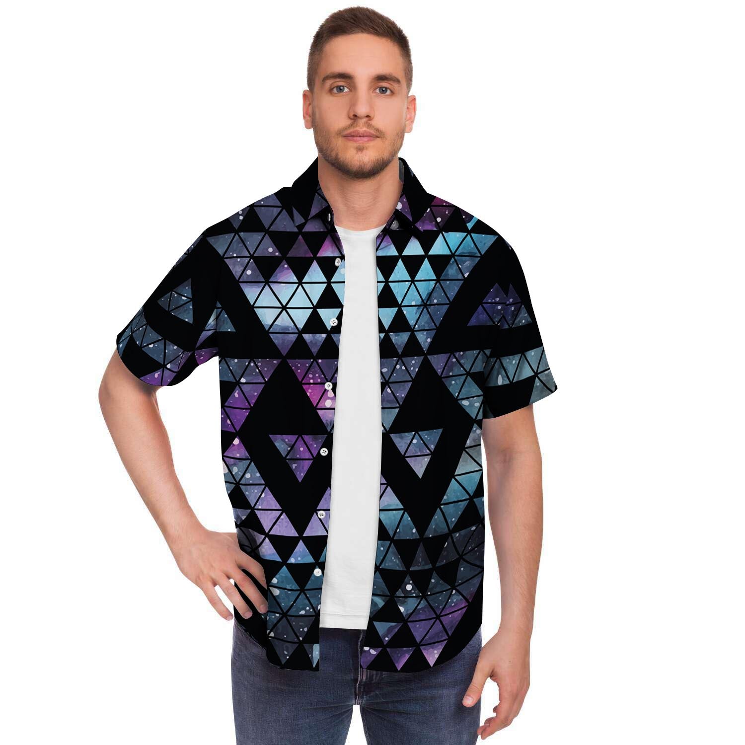 Triangle Galaxy Space Men Print Short Sleeve Button-Up Shirts