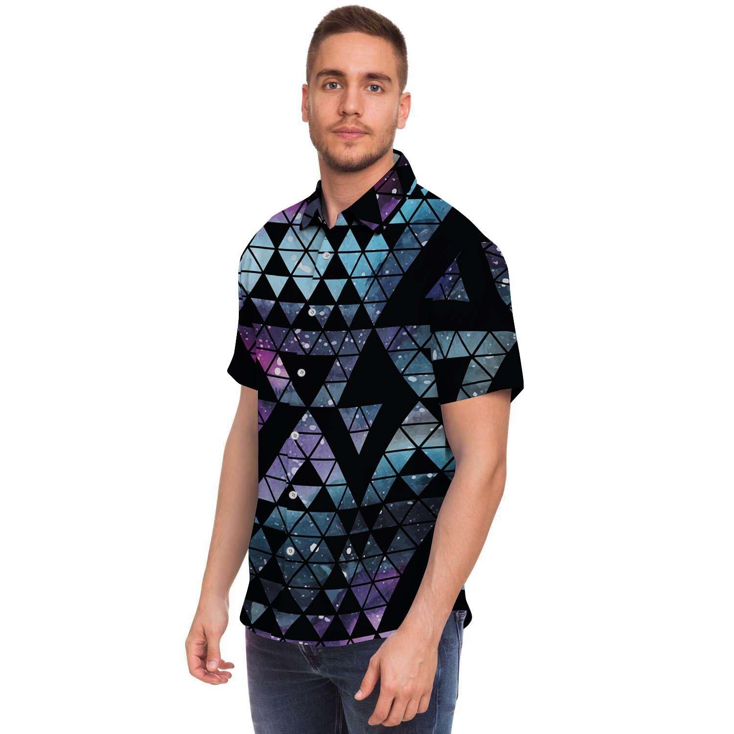 Triangle Galaxy Space Men Print Short Sleeve Button-Up Shirts