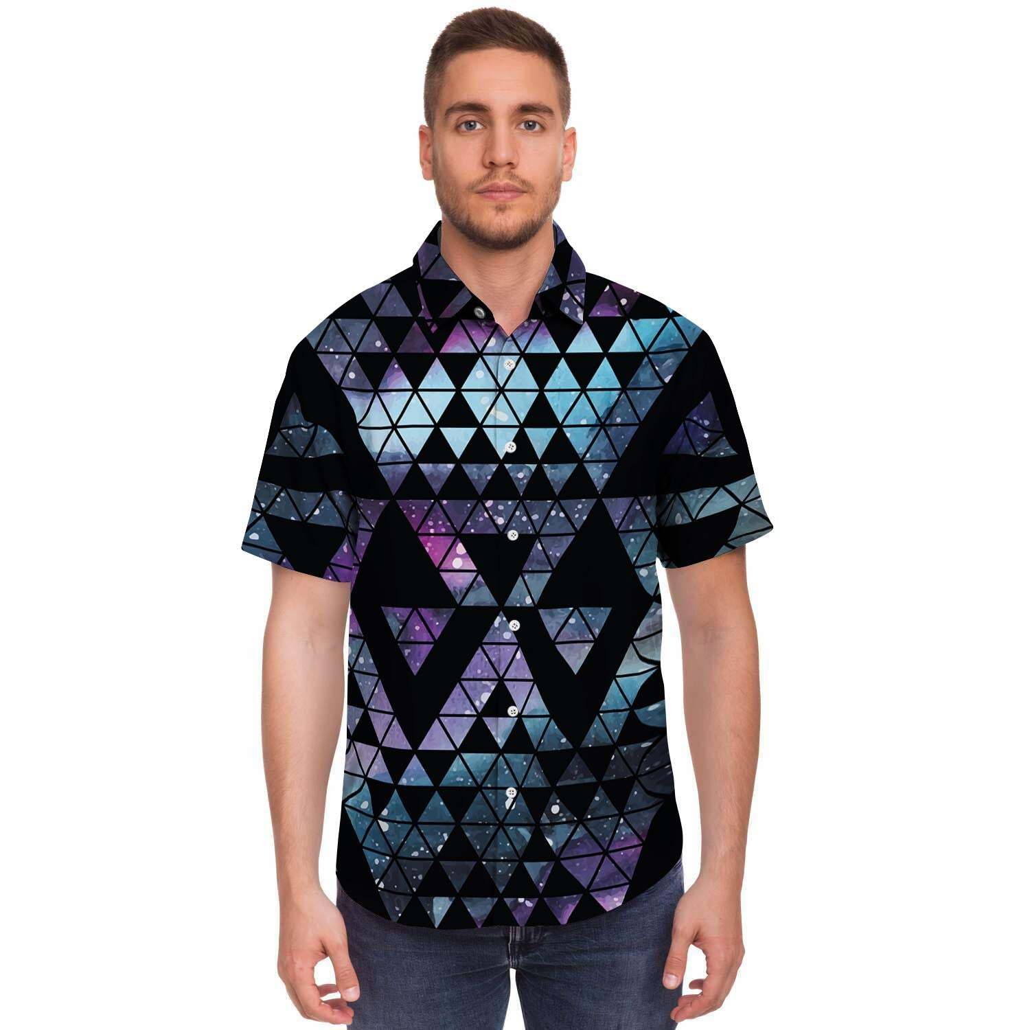 Triangle Galaxy Space Men Print Short Sleeve Button-Up Shirts