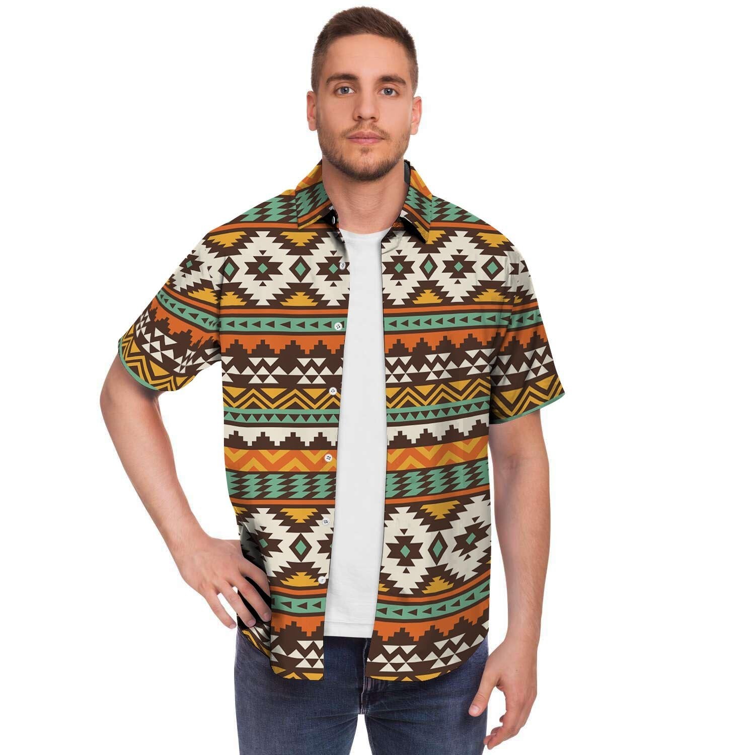 Tribal Aztec Men Print Short Sleeve Button-Up Shirts