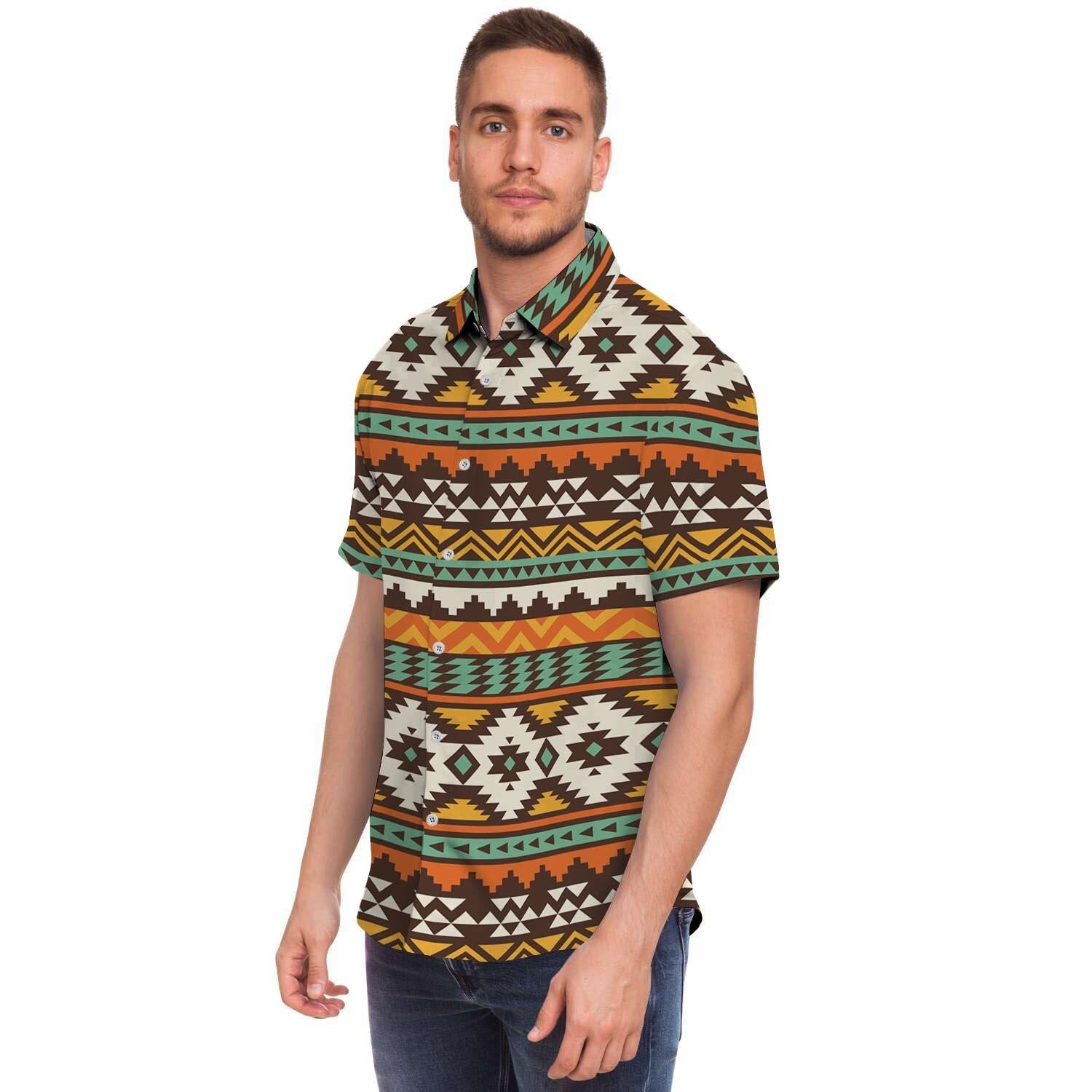 Tribal Aztec Men Print Short Sleeve Button-Up Shirts