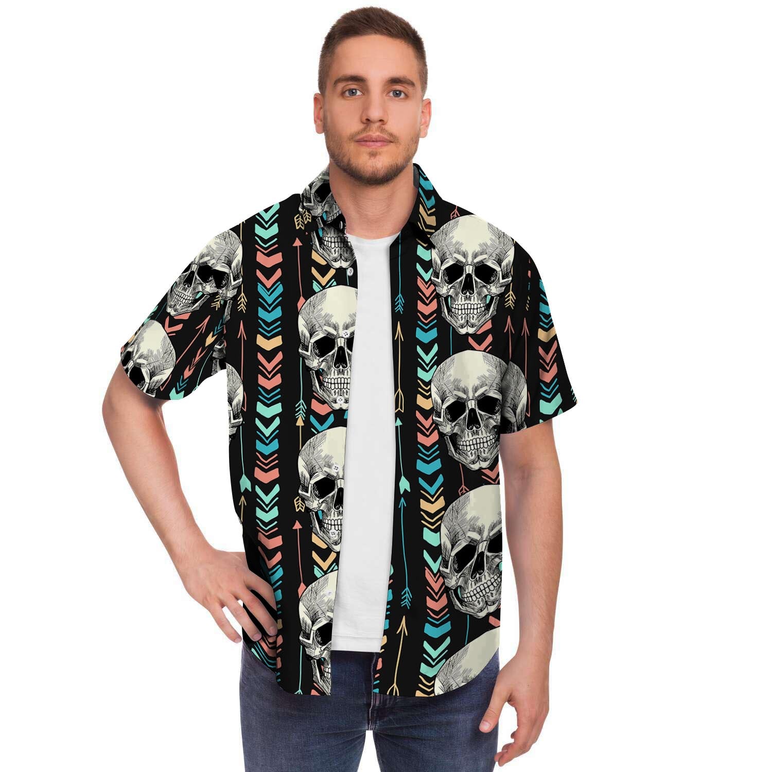 Tribal Skull Men Print Short Sleeve Button-Up Shirts