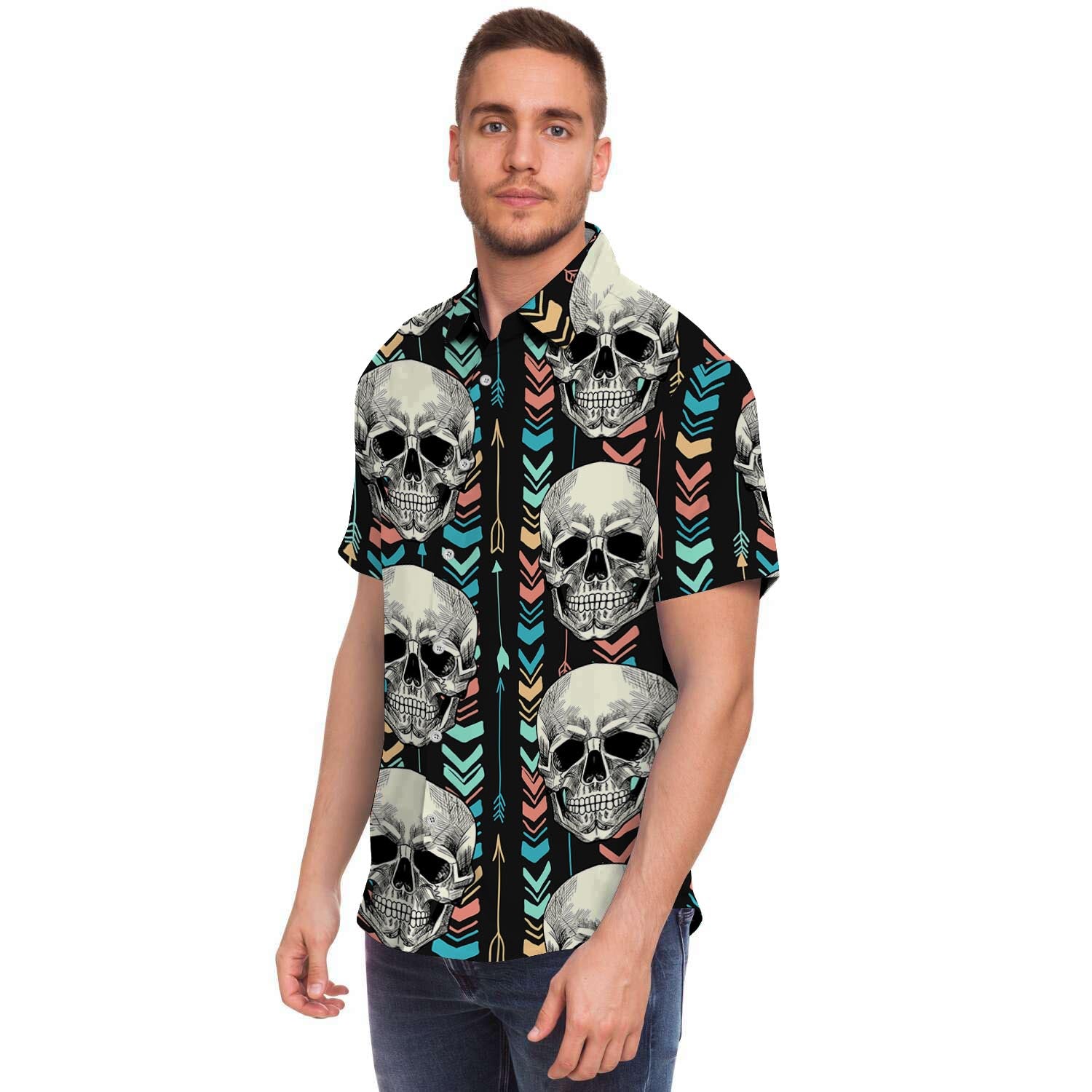 Tribal Skull Men Print Short Sleeve Button-Up Shirts