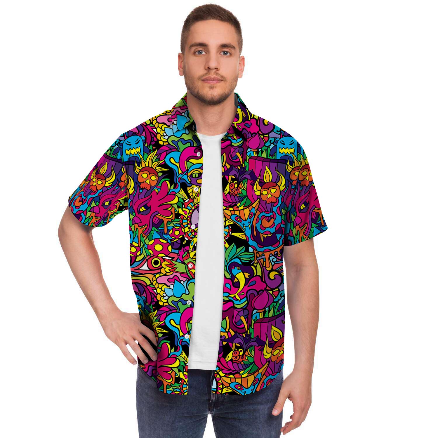 Tribal Trippy Men Print Short Sleeve Button-Up Shirts