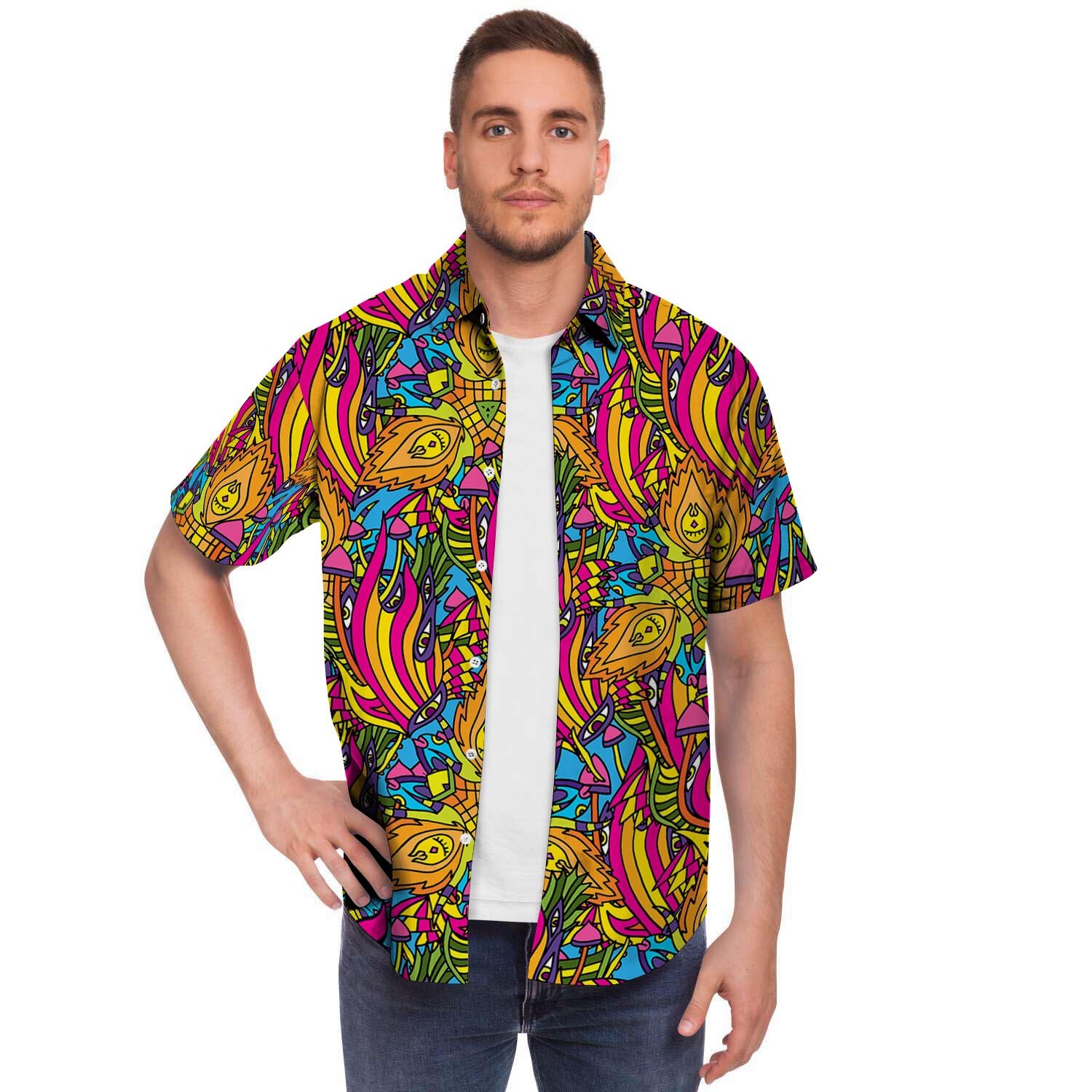 Trippy Hippie Flame Psychedelic Men Print Short Sleeve Button-Up Shirts