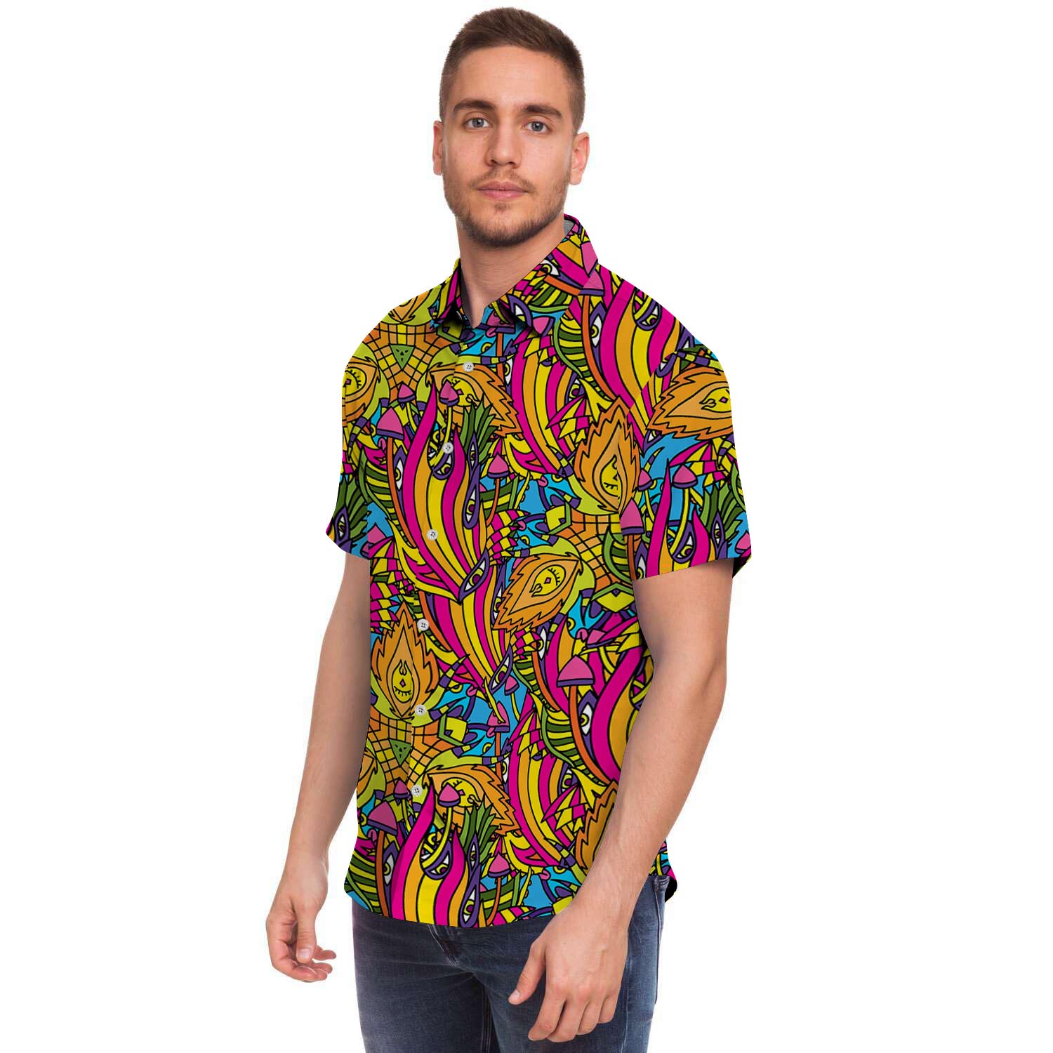 Trippy Hippie Flame Psychedelic Men Print Short Sleeve Button-Up Shirts