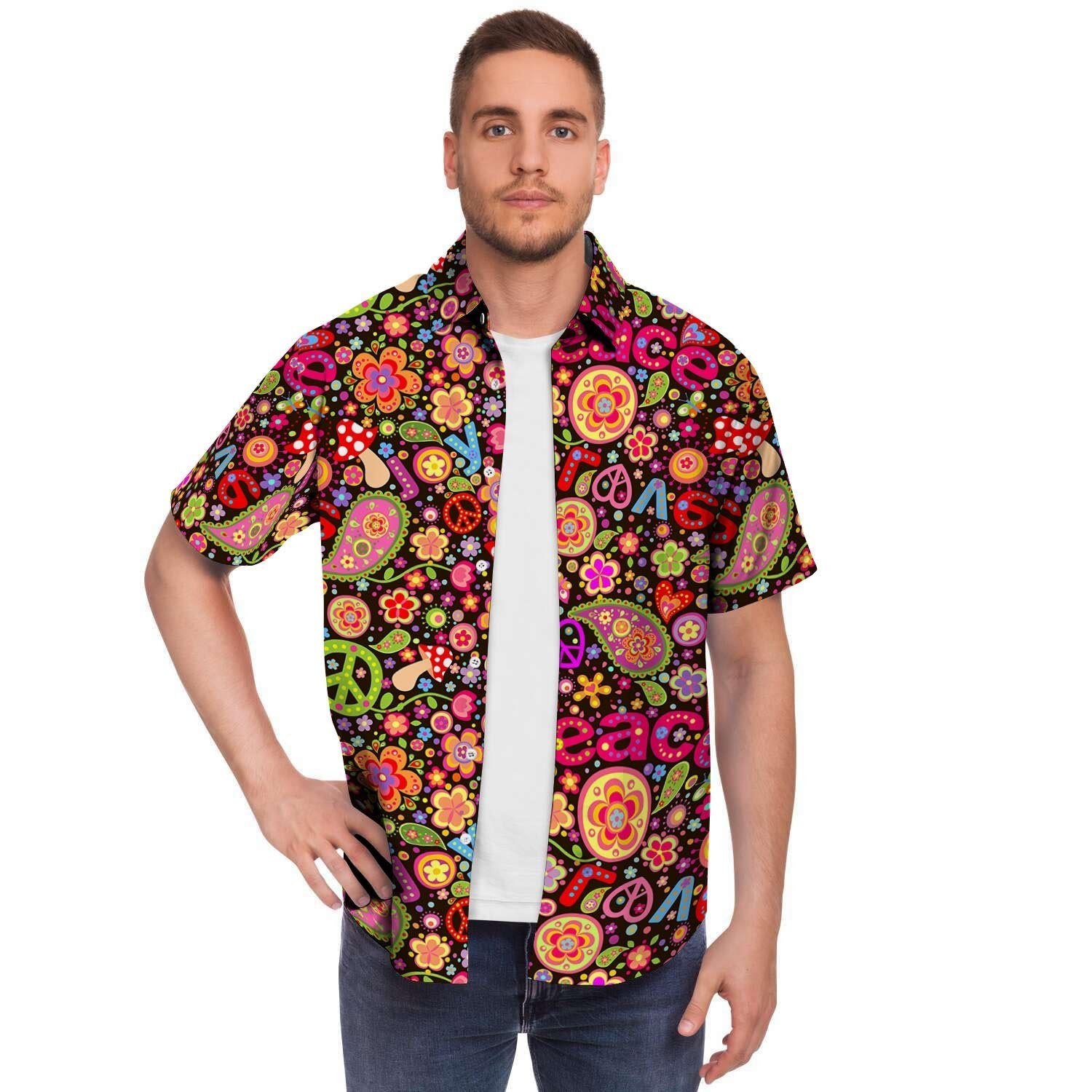 Trippy Hippie Men Print Short Sleeve Button-Up Shirts