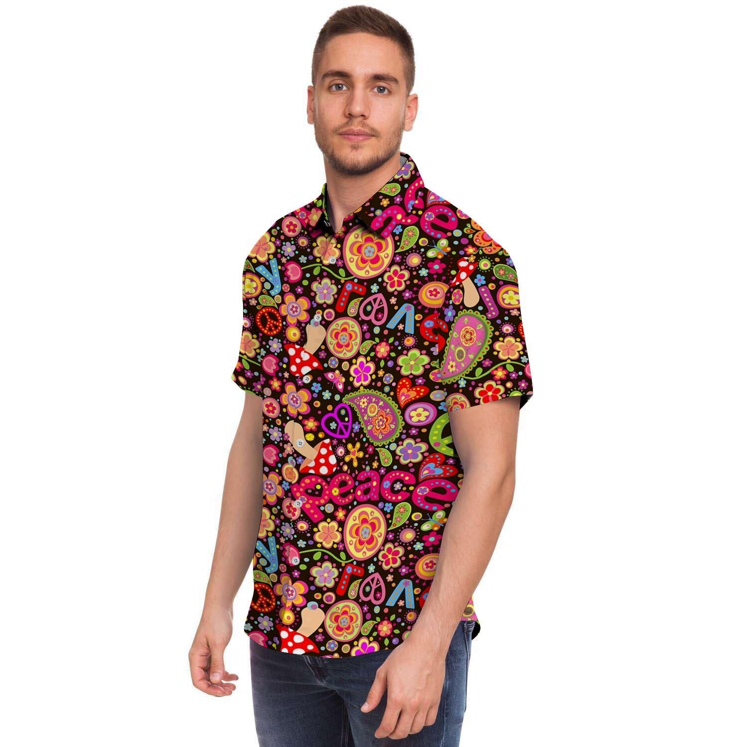 Trippy Hippie Men Print Short Sleeve Button-Up Shirts