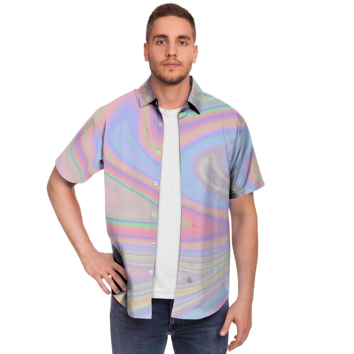 Trippy Holographic Men Print Short Sleeve Button-Up Shirts