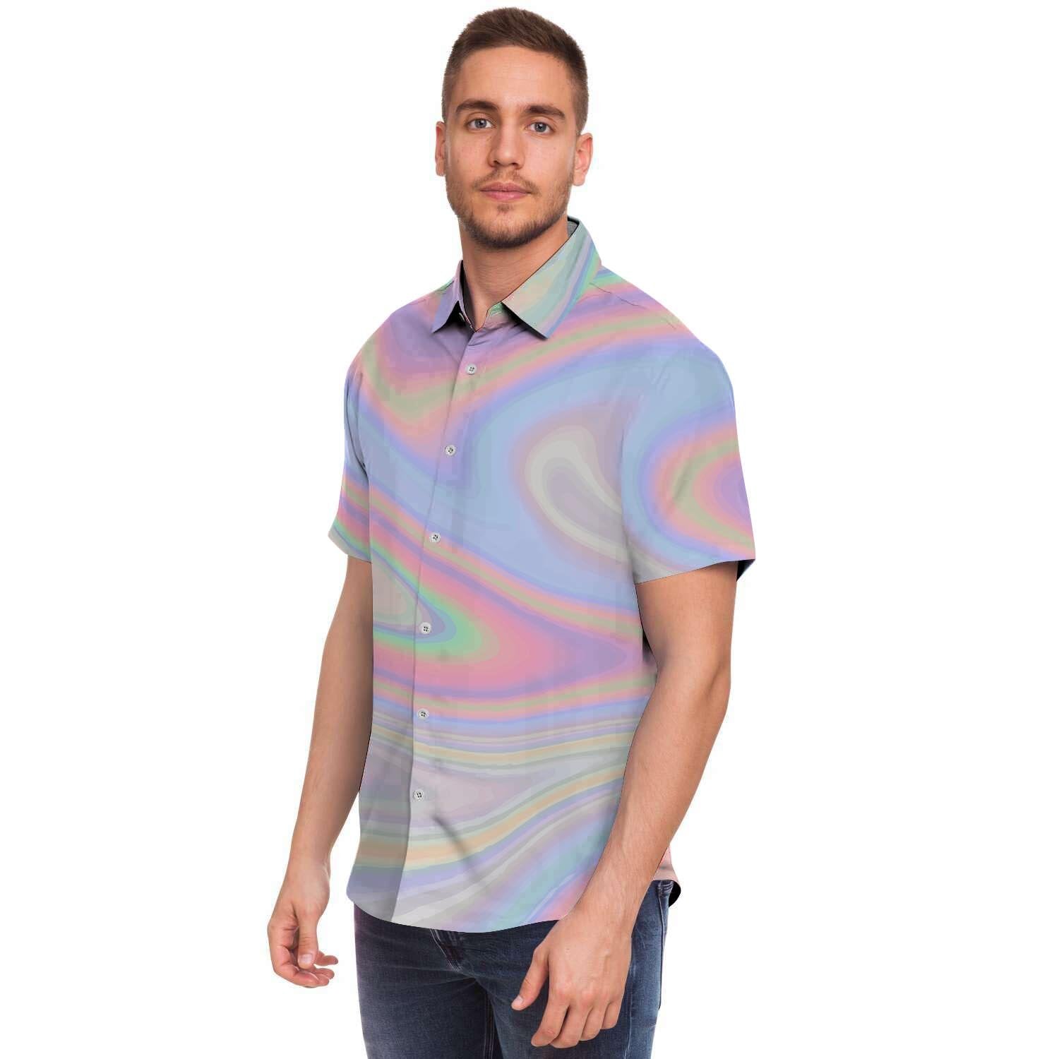 Trippy Holographic Men Print Short Sleeve Button-Up Shirts