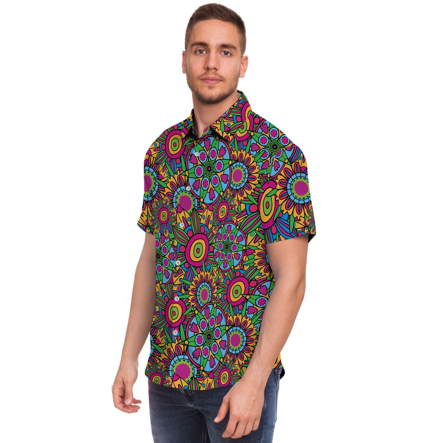 Trippy Psychedelic Floral Men Print Short Sleeve Button-Up Shirts