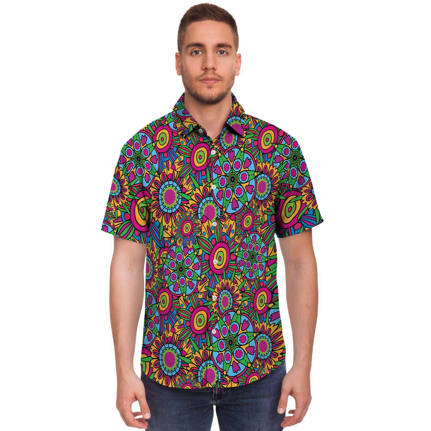 Trippy Psychedelic Floral Men Print Short Sleeve Button-Up Shirts