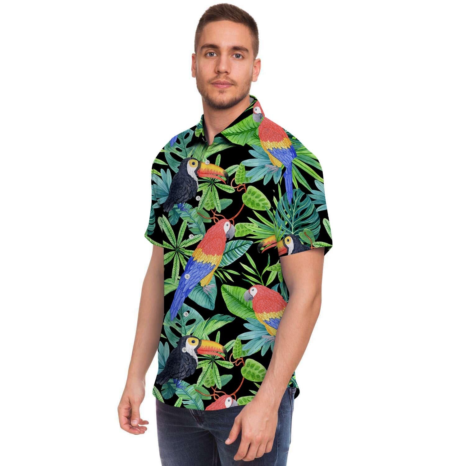 Tropical Bird Hawaiian Print Men Print Short Sleeve Button-Up Shirts
