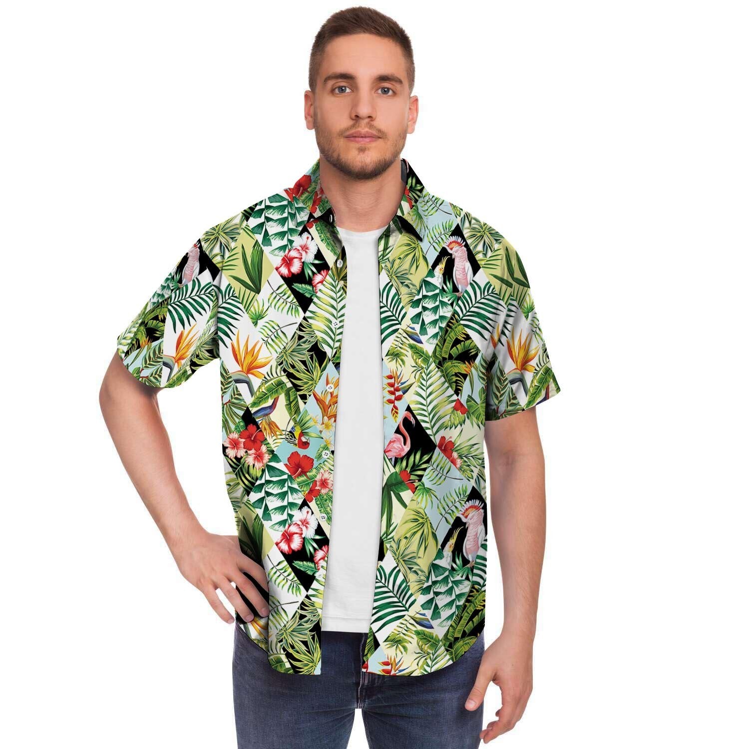 Tropical Bird Patchwork Print Men Print Short Sleeve Button-Up Shirts