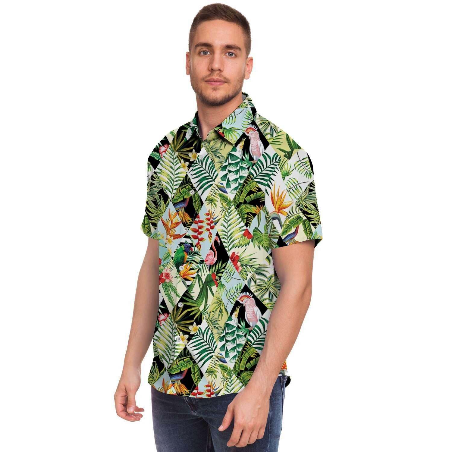 Tropical Bird Patchwork Print Men Print Short Sleeve Button-Up Shirts