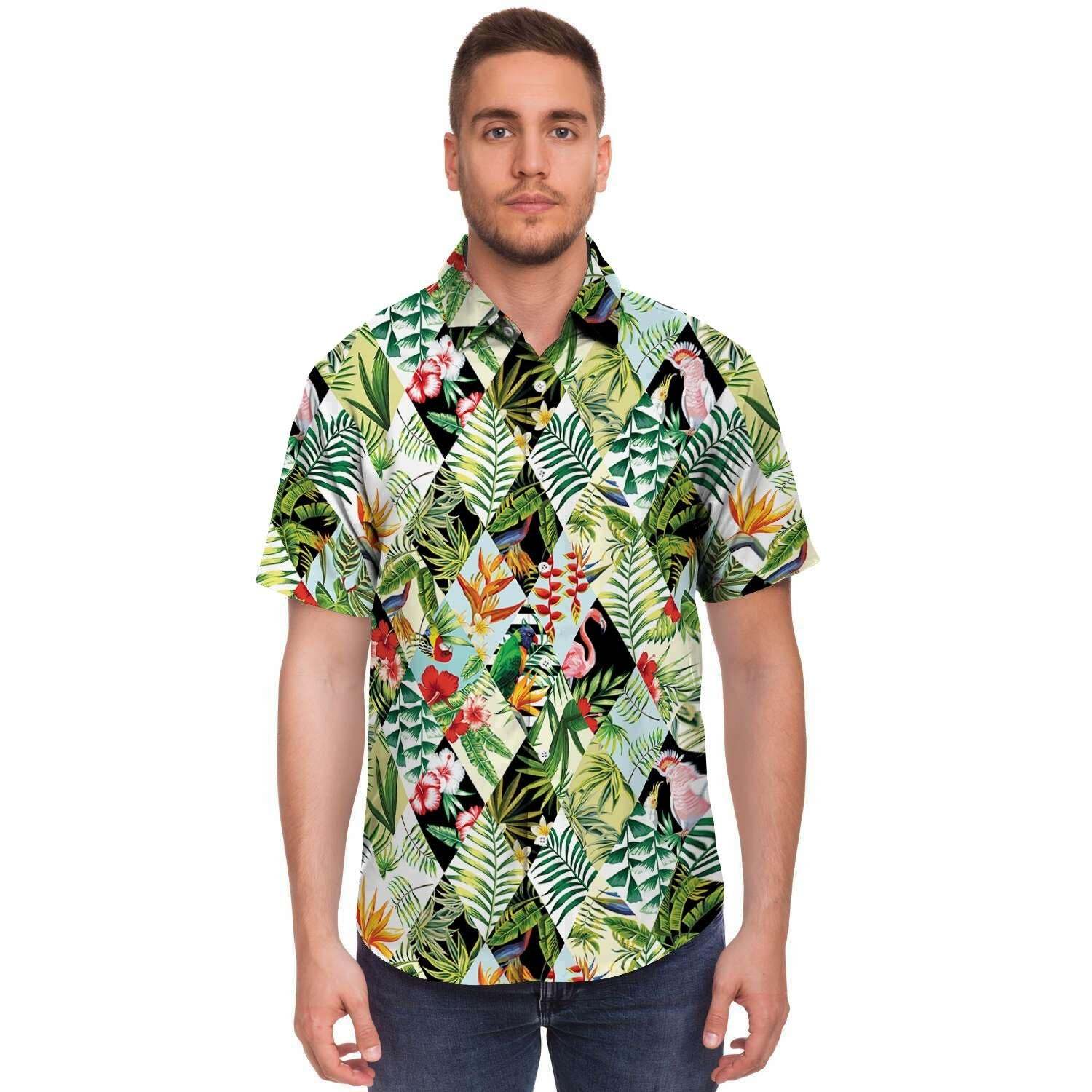 Tropical Bird Patchwork Print Men Print Short Sleeve Button-Up Shirts