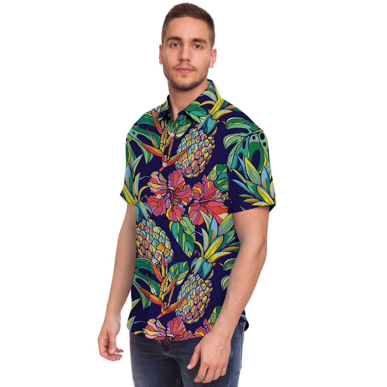 Tropical Floral Pineapple Print Men Print Short Sleeve Button-Up Shirts