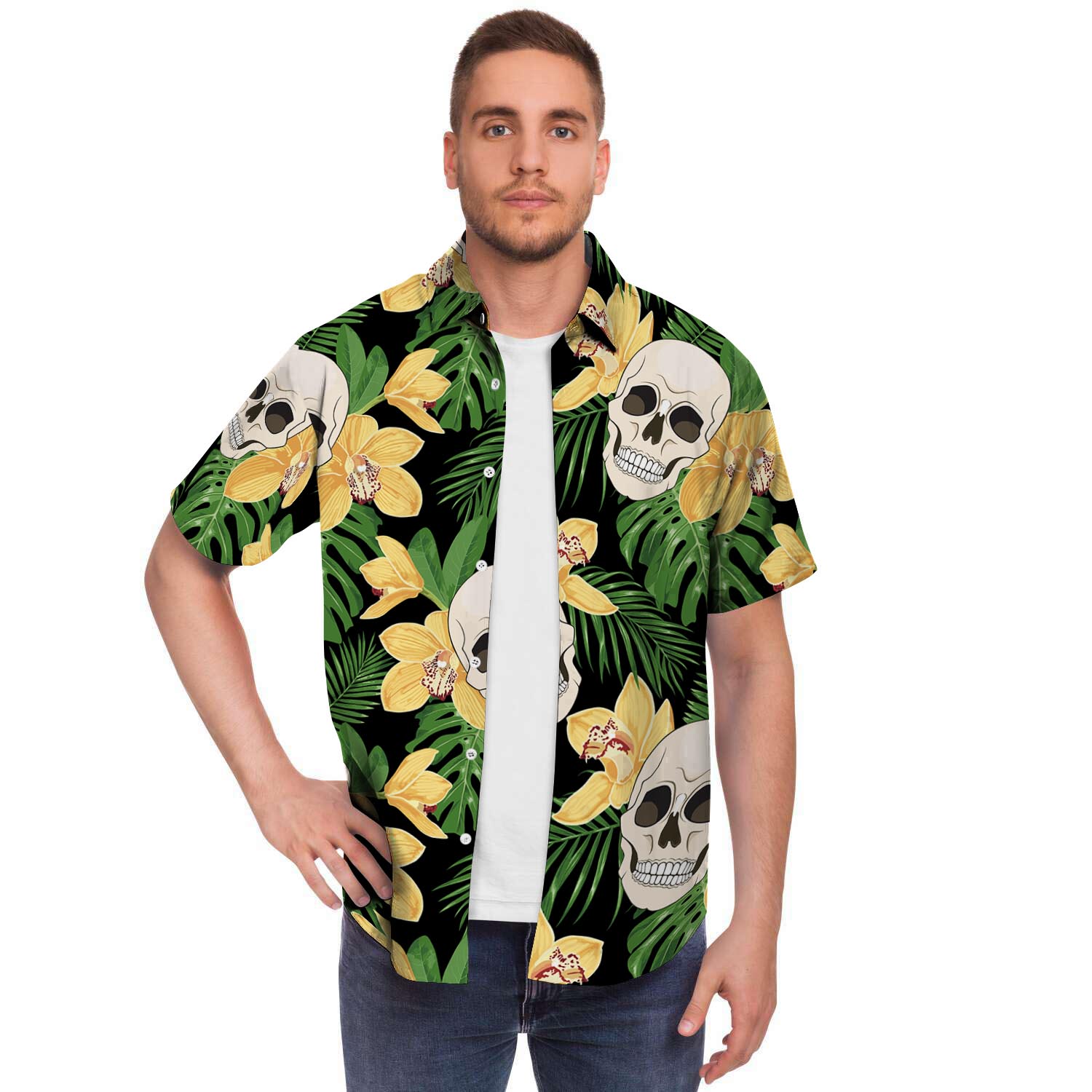 Tropical Floral Skull Men Print Short Sleeve Button-Up Shirts