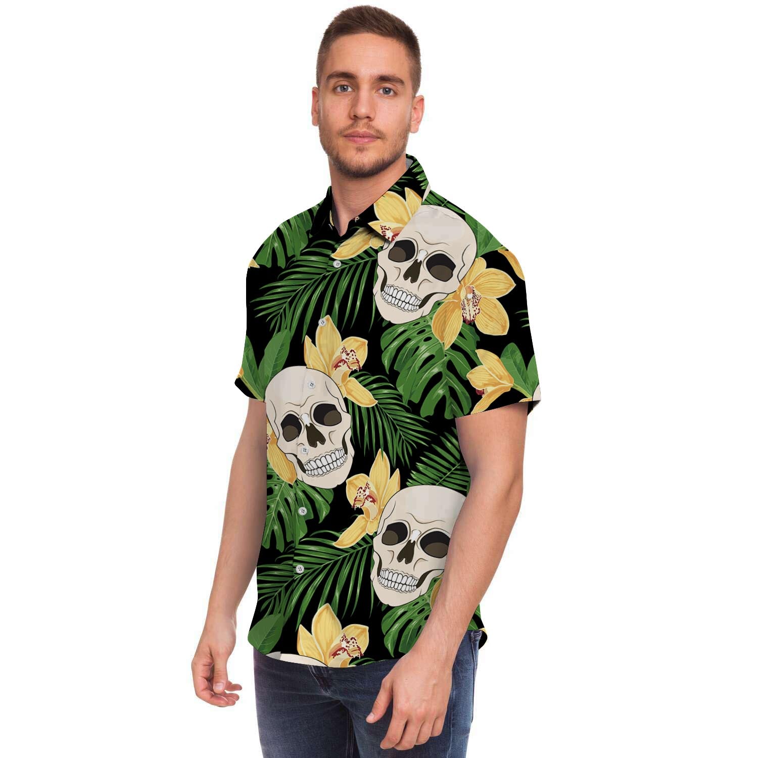 Tropical Floral Skull Men Print Short Sleeve Button-Up Shirts