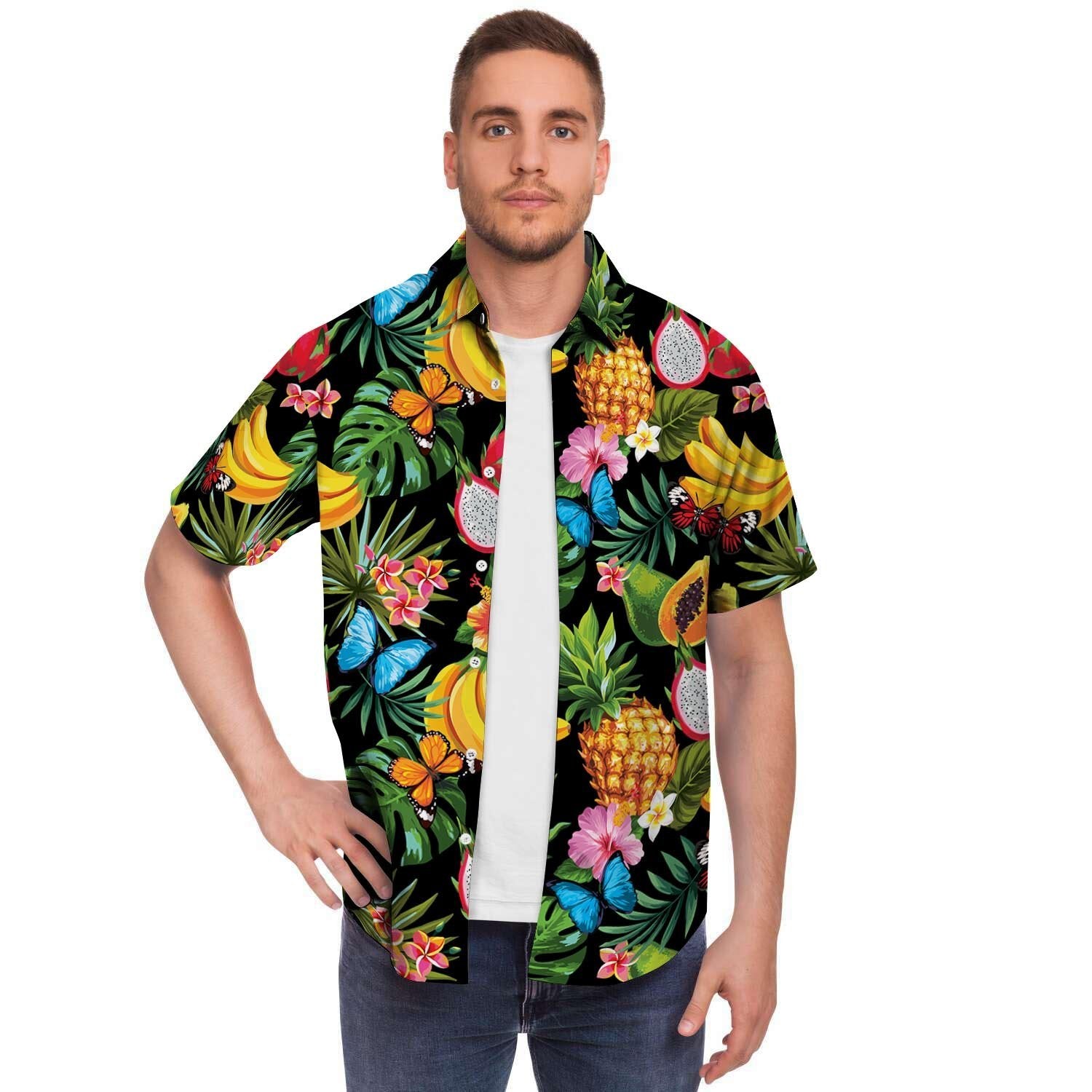 Tropical Fruit Hawaiian Print Men Print Short Sleeve Button-Up Shirts