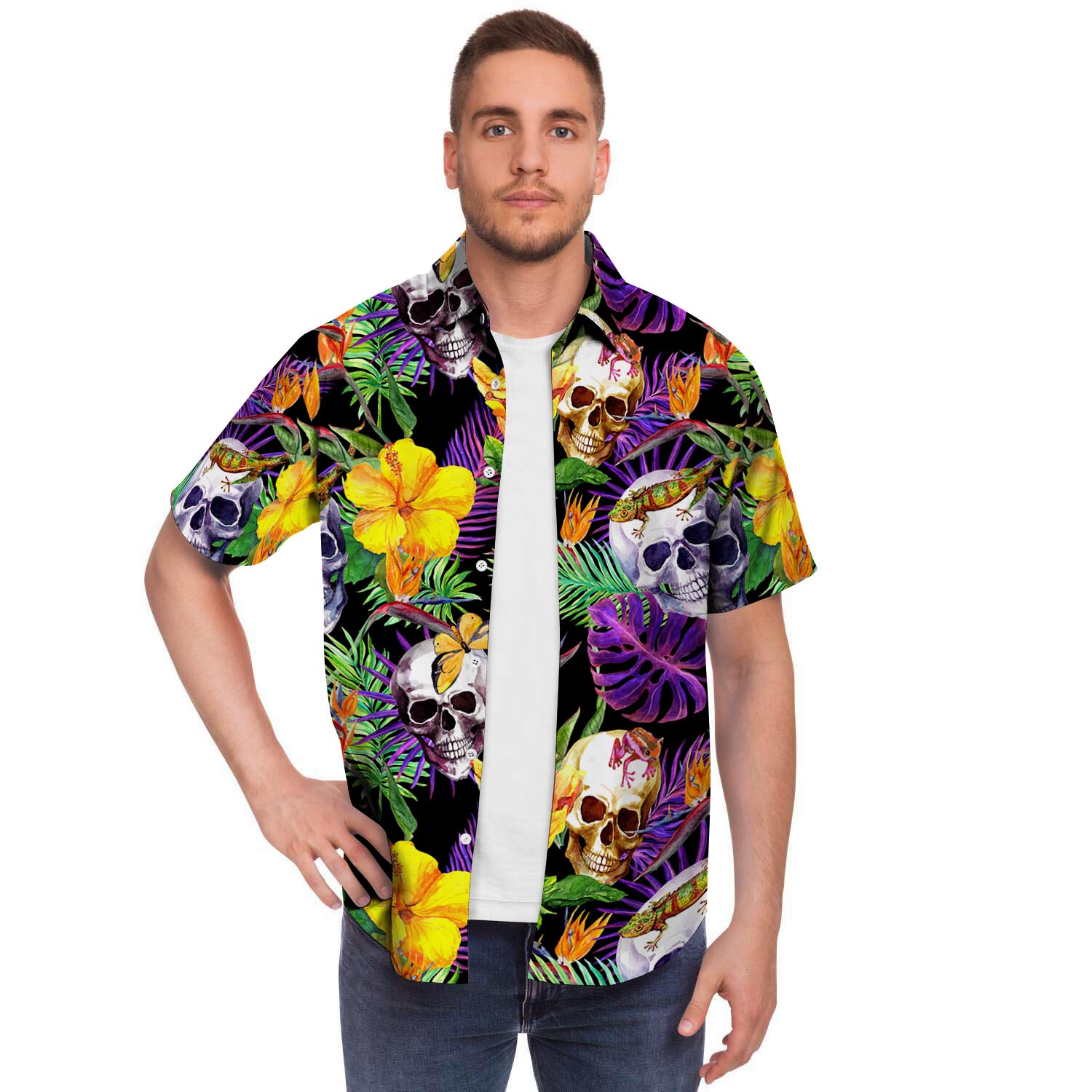 Tropical Hawaiian Skull Men Print Short Sleeve Button-Up Shirts