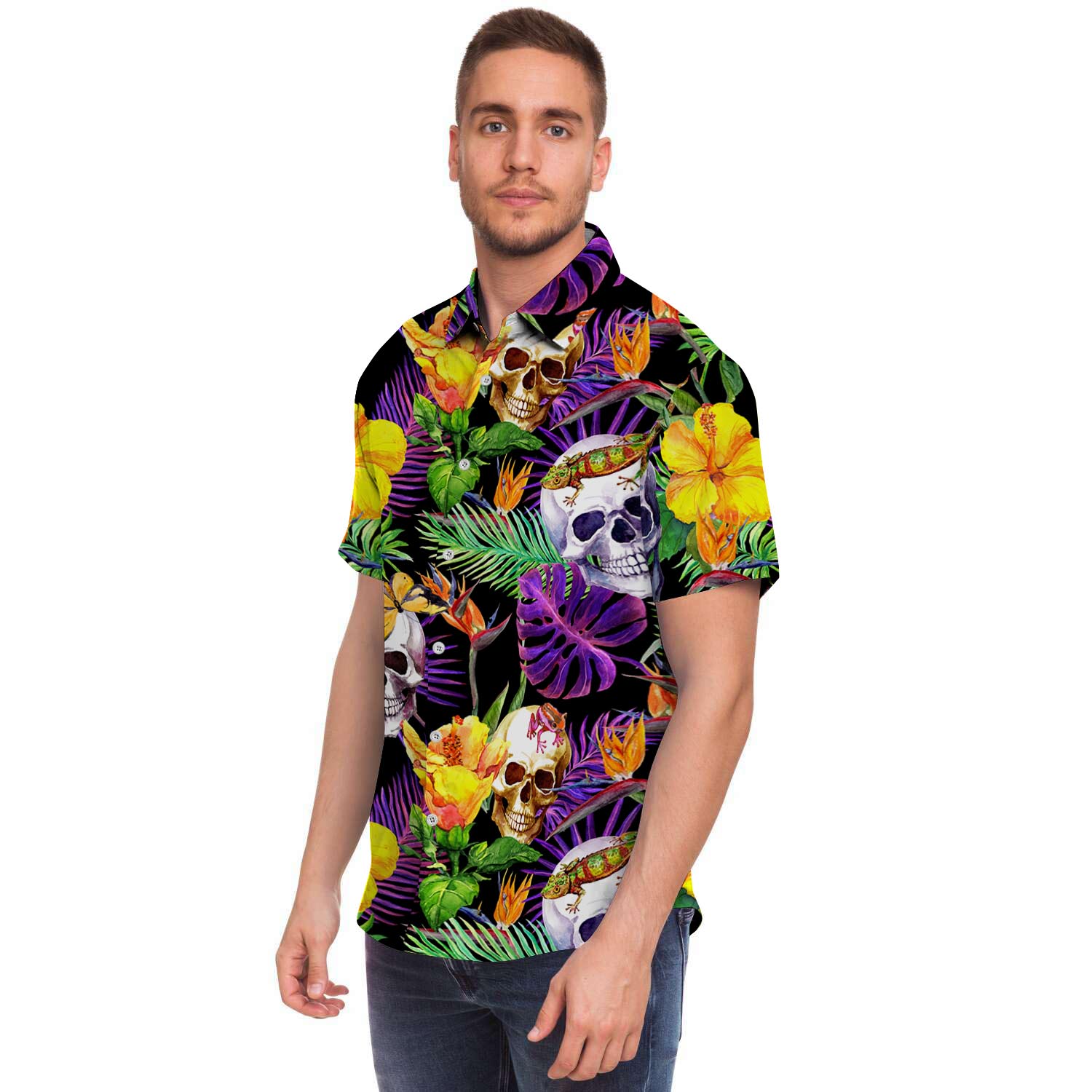 Tropical Hawaiian Skull Men Print Short Sleeve Button-Up Shirts