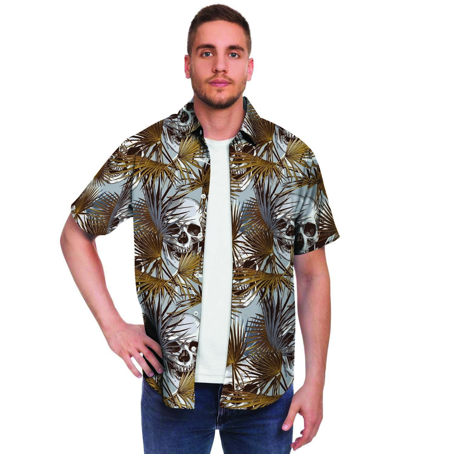 Tropical Leaf Skull Men Print Short Sleeve Button-Up Shirts