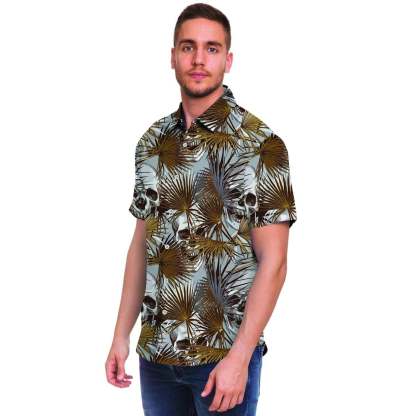 Tropical Leaf Skull Men Print Short Sleeve Button-Up Shirts