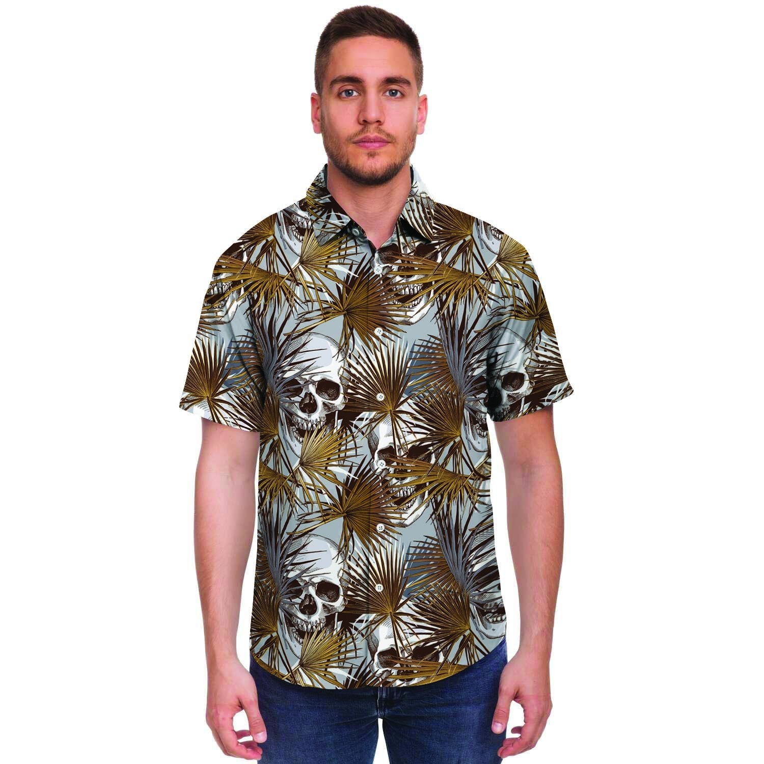 Tropical Leaf Skull Men Print Short Sleeve Button-Up Shirts
