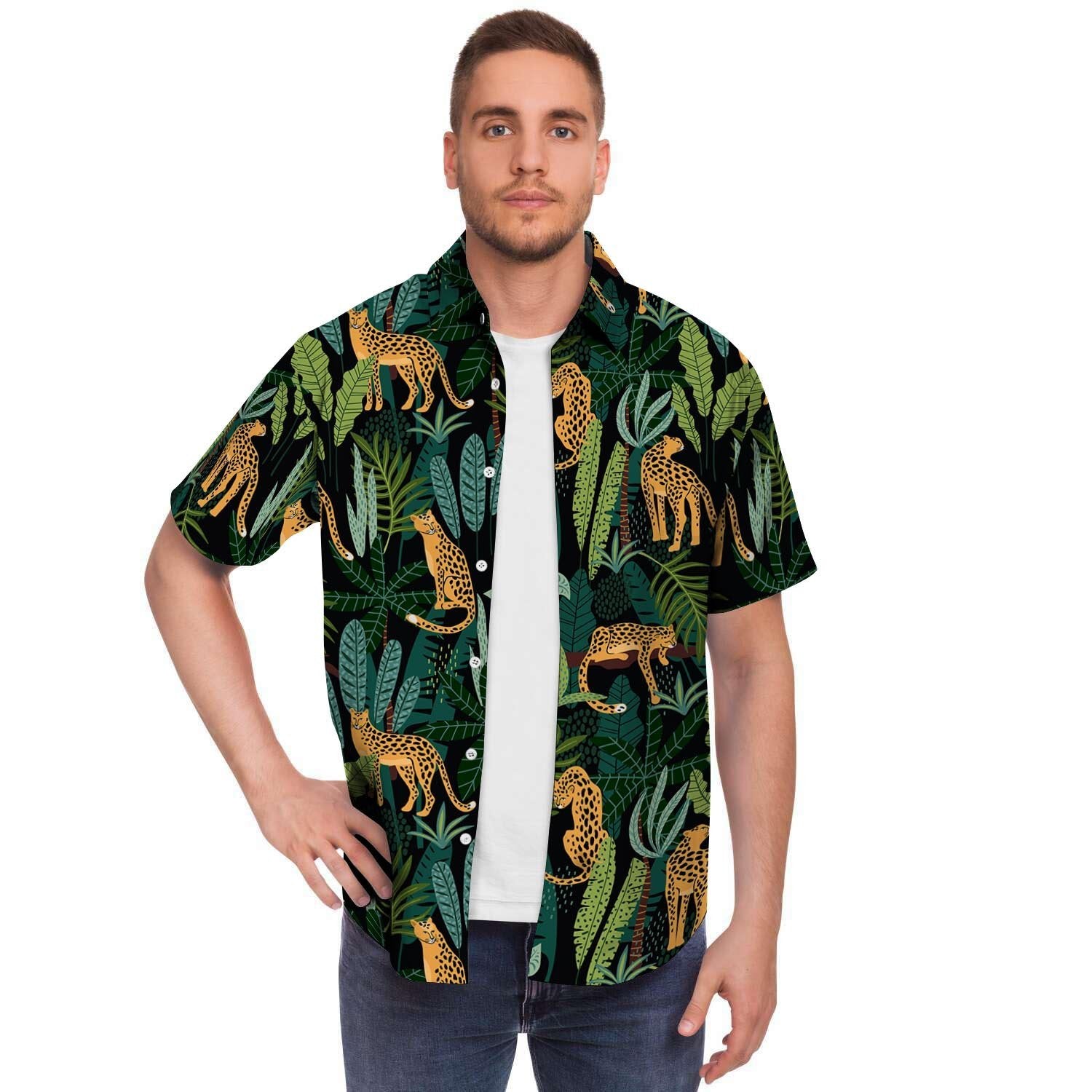 Tropical Leopard Hawaiian Print Men Print Short Sleeve Button-Up Shirts