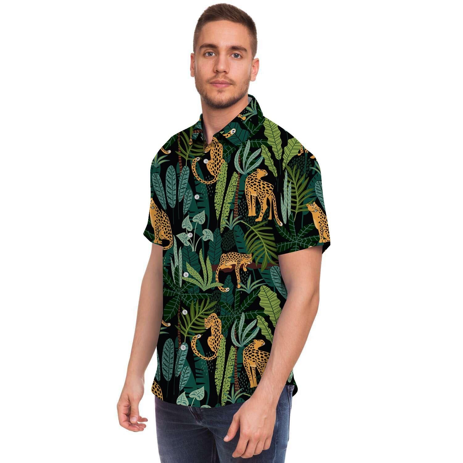 Tropical Leopard Hawaiian Print Men Print Short Sleeve Button-Up Shirts