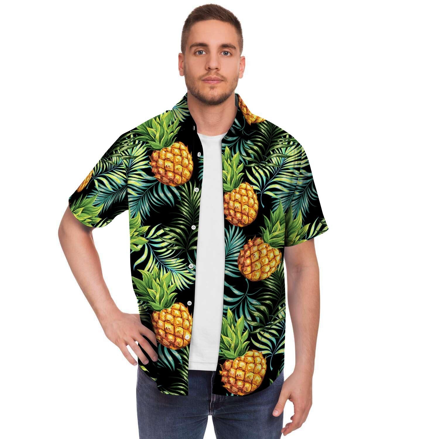 Tropical Palm Leaf Pineapple Print Men Print Short Sleeve Button-Up Shirts