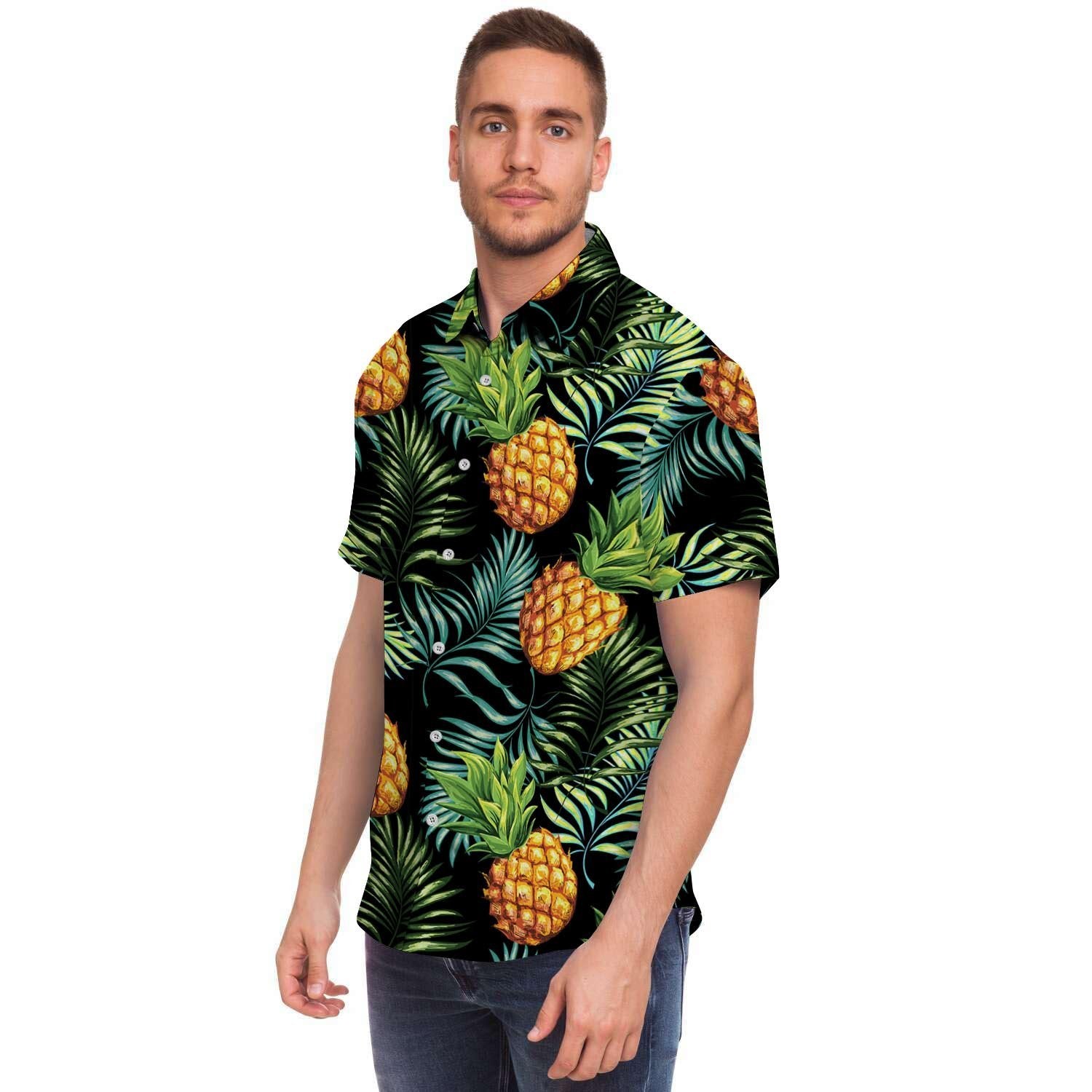 Tropical Palm Leaf Pineapple Print Men Print Short Sleeve Button-Up Shirts