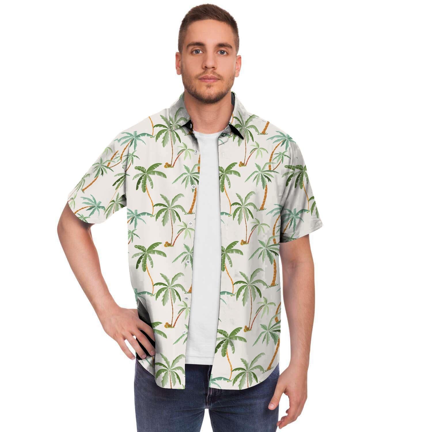 Tropical Palm Tree Hawaiian Print Men Print Short Sleeve Button-Up Shirts