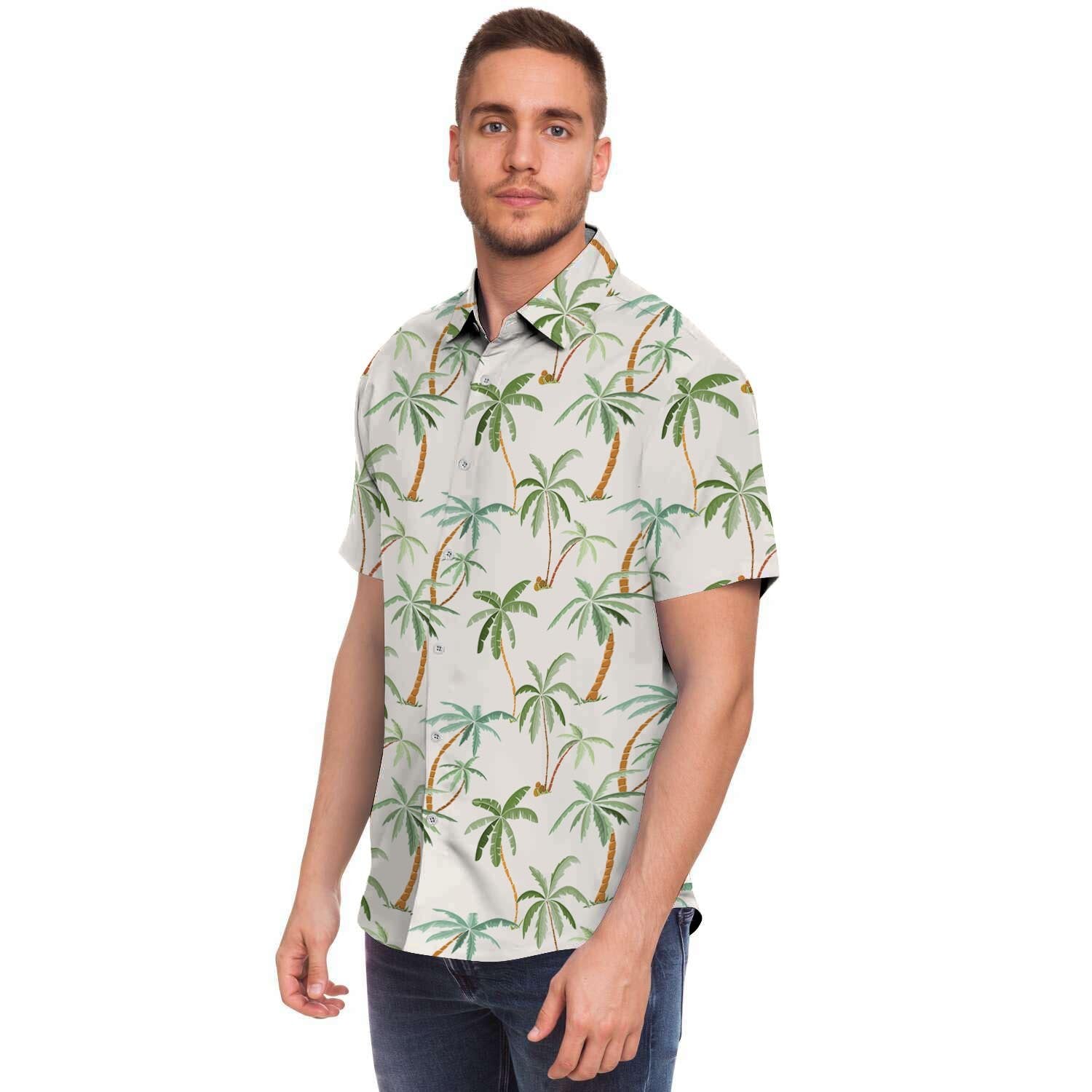 Tropical Palm Tree Hawaiian Print Men Print Short Sleeve Button-Up Shirts