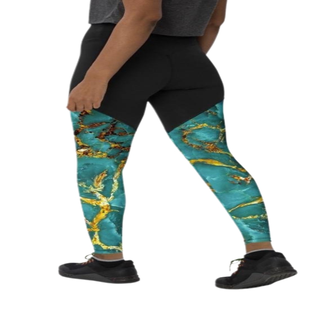 Turquoise And Gold Marble Women Compression Legging