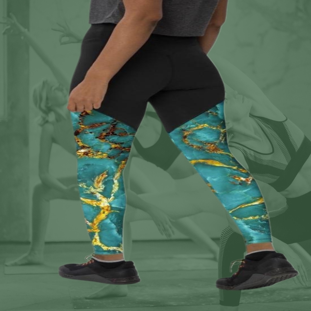 Turquoise And Gold Marble Women Compression Legging