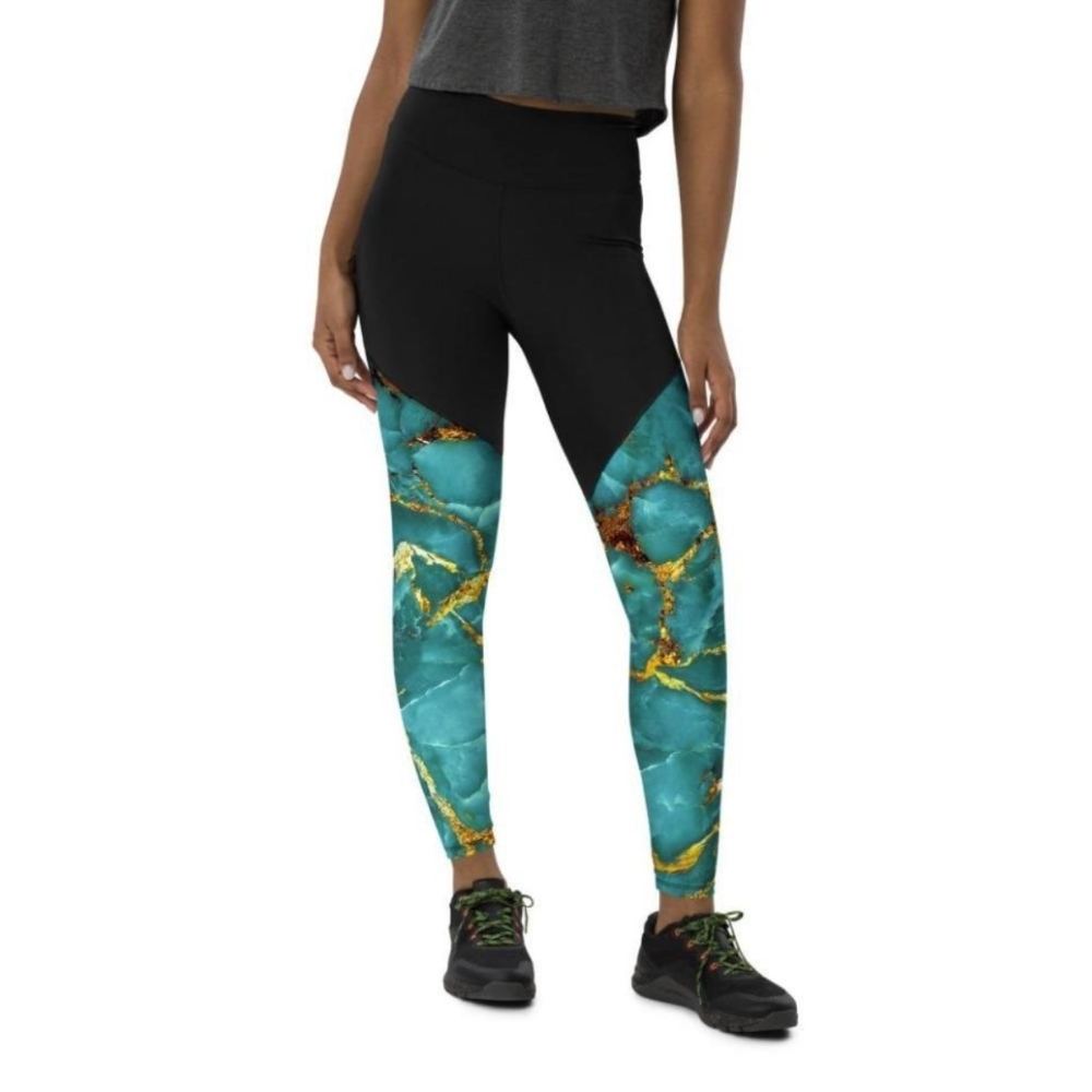 Turquoise And Gold Marble Women Compression Legging