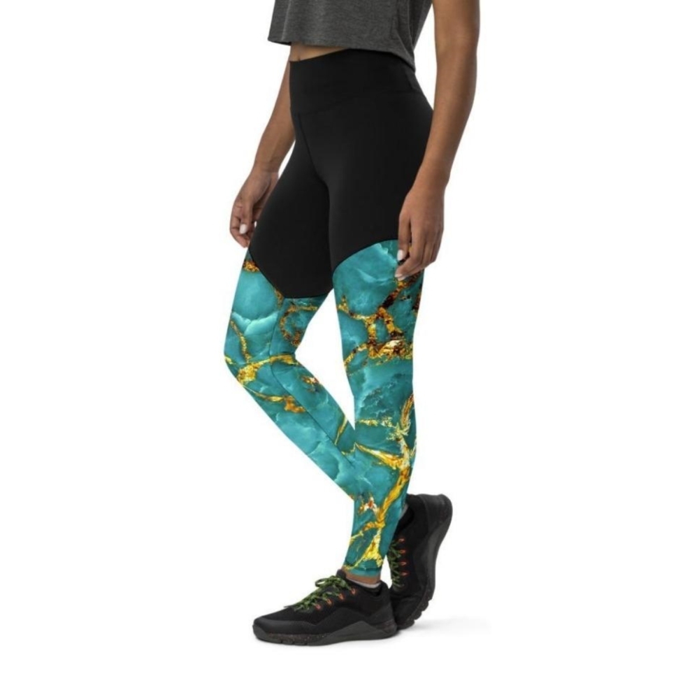 Turquoise And Gold Marble Women Compression Legging