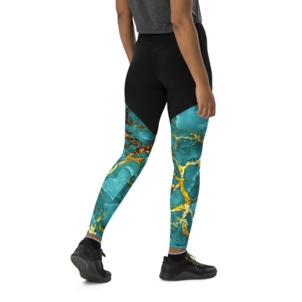 Turquoise And Gold Marble Women Compression Legging
