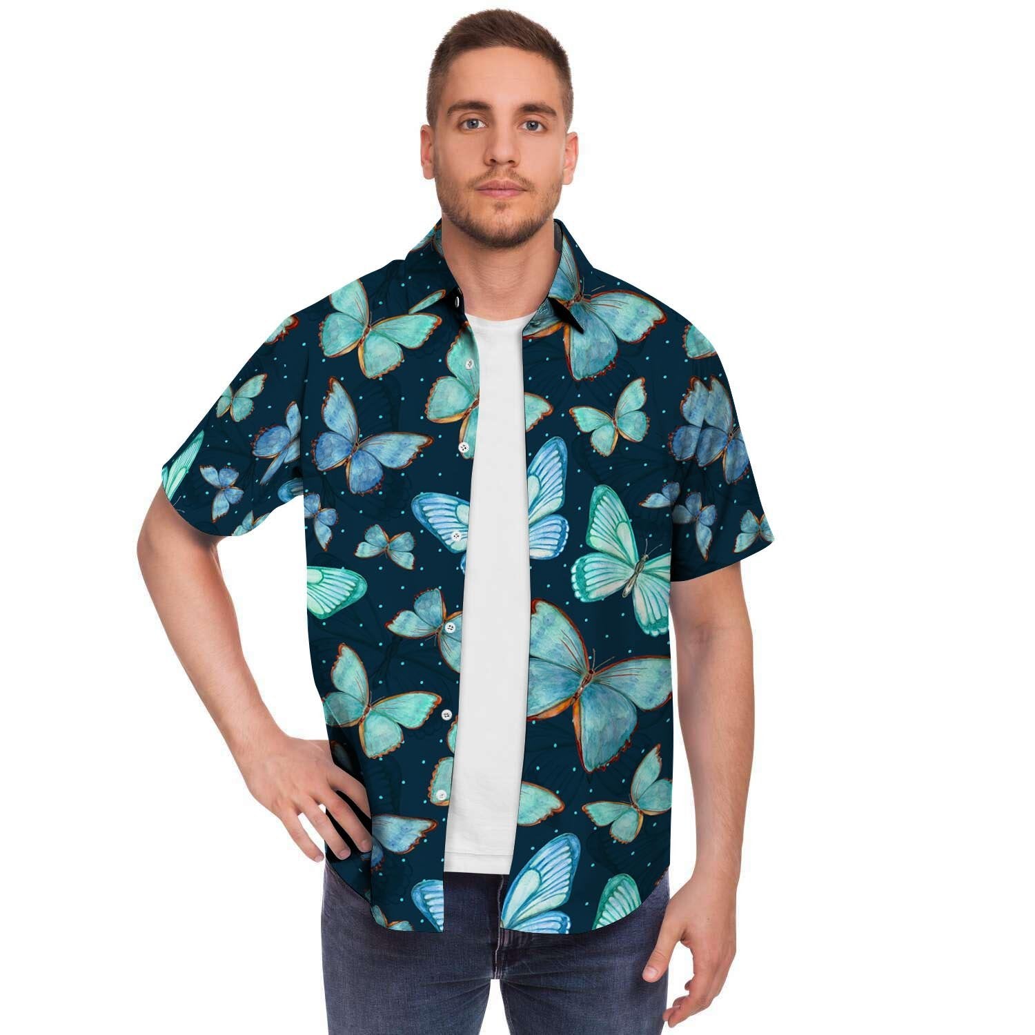 Turquoise Butterfly Print Men Print Short Sleeve Button-Up Shirts