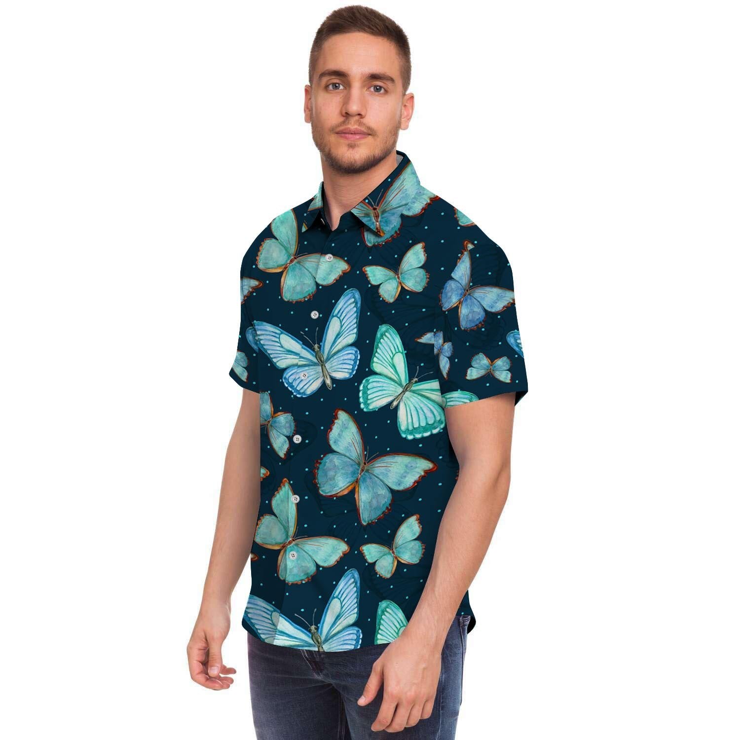 Turquoise Butterfly Print Men Print Short Sleeve Button-Up Shirts